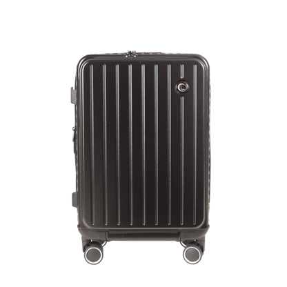 A black hard-shell spinner suitcase with vertical ridges, shown from a front-facing overhead perspective on a solid white background.