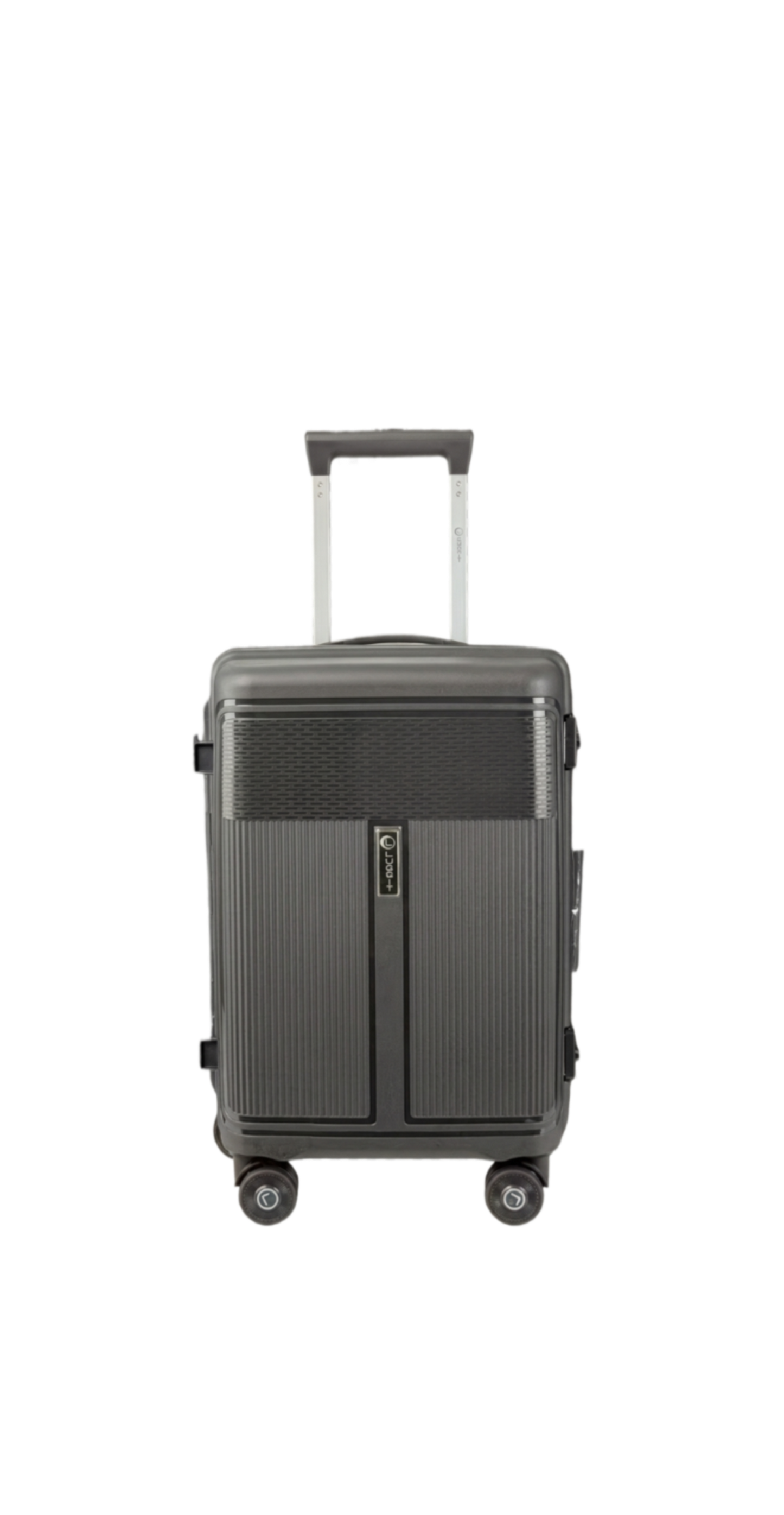 Gray suitcase with wheels and handle on a white background