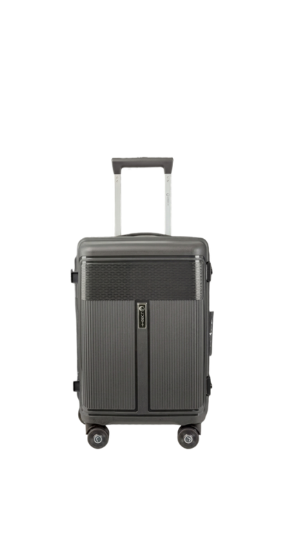 Gray suitcase with wheels and handle on a white background