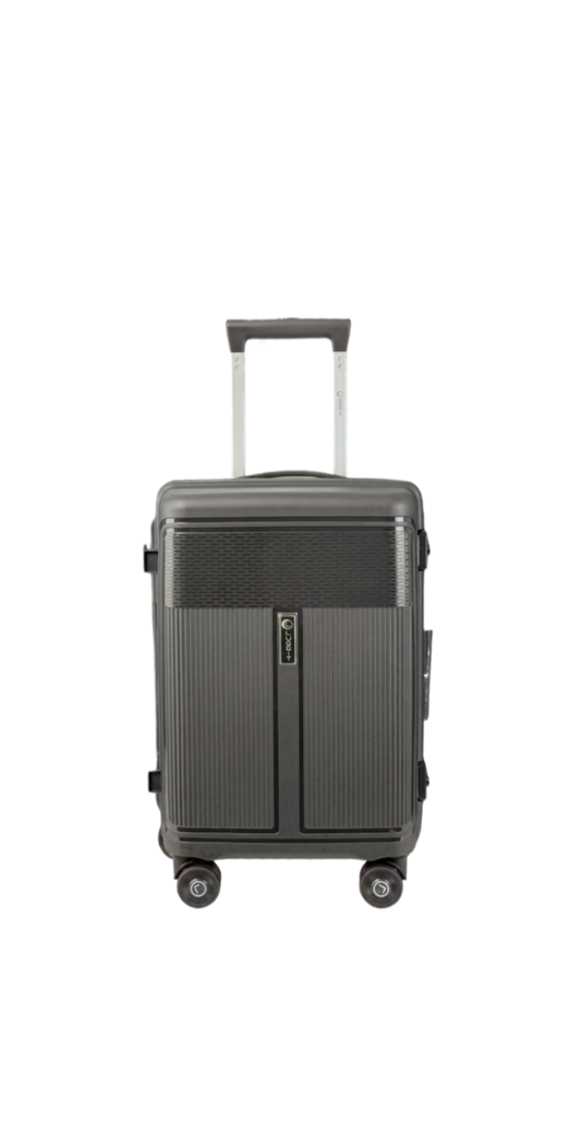 Gray suitcase with wheels and handle on a white background