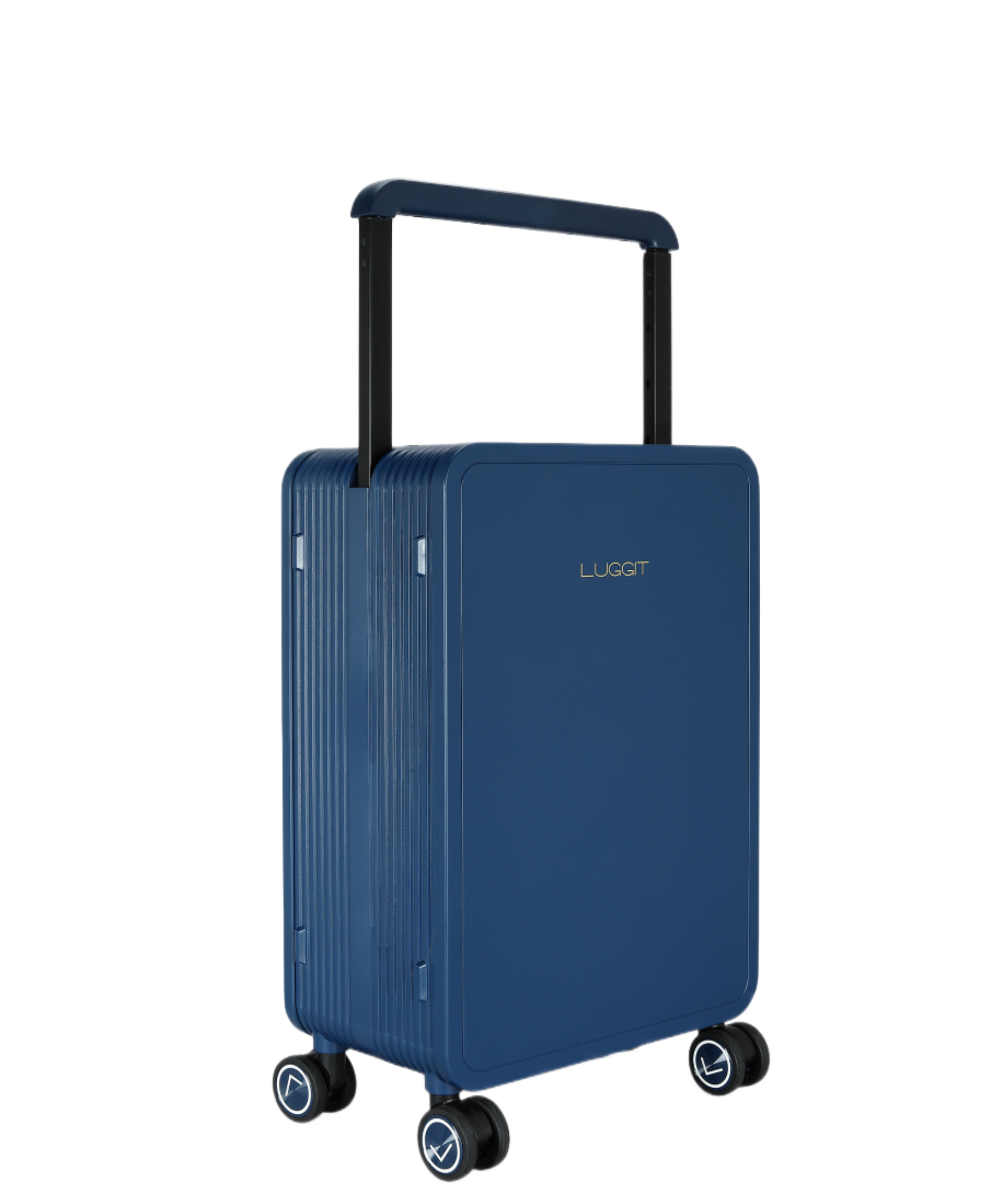 Blue suitcase with black handle and luggit