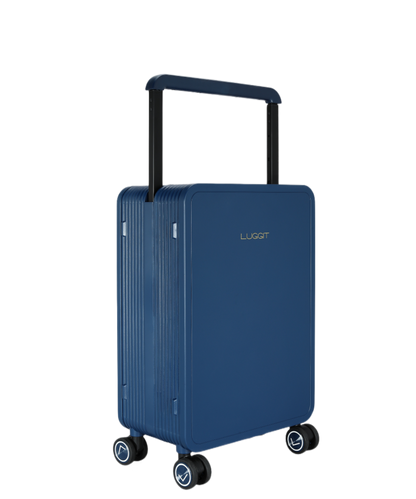 Blue suitcase with black handle and luggit