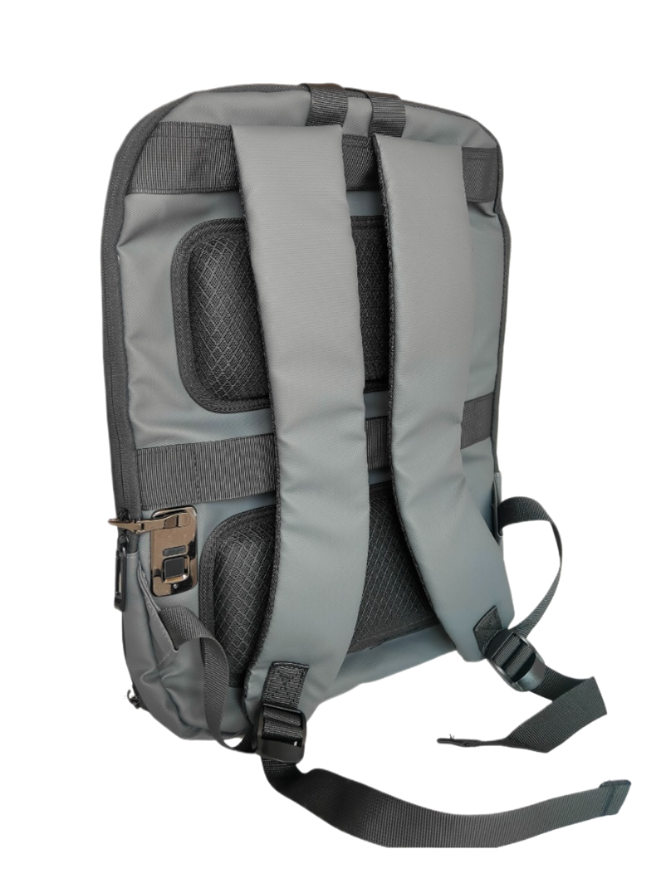 Gray backpack with multiple compartments on a white background