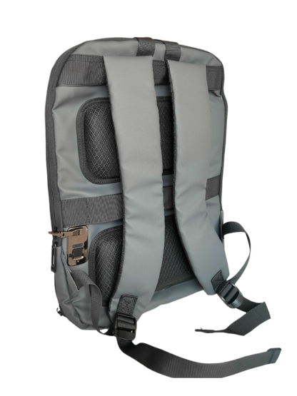 Gray backpack with multiple compartments on a white background