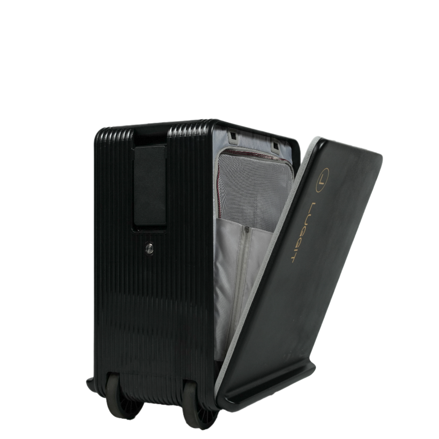 Black suitcase with open front compartment luggit