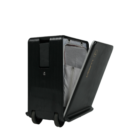 Black suitcase with open front compartment luggit