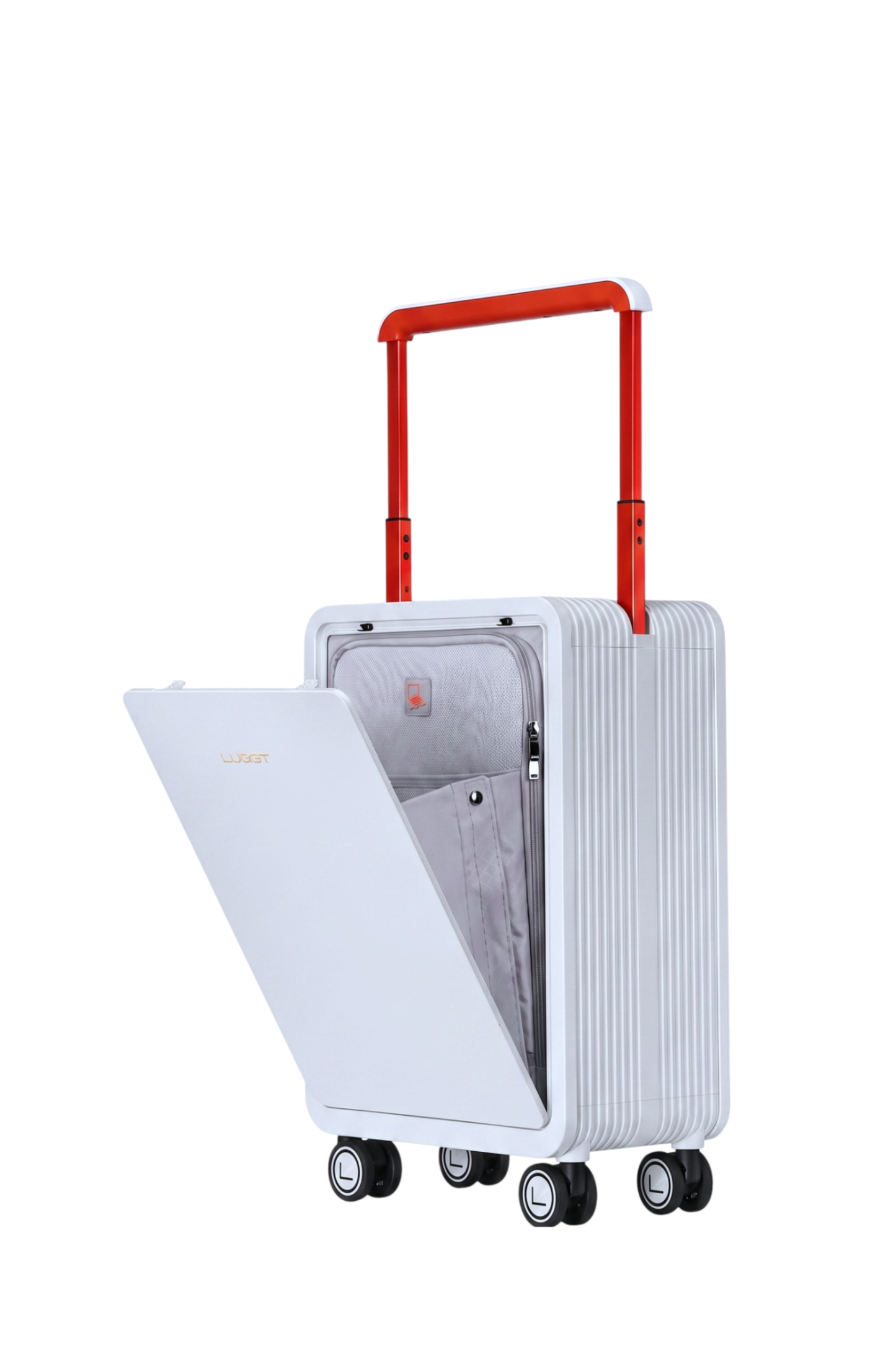 White suitcase with a red handle on a white background
