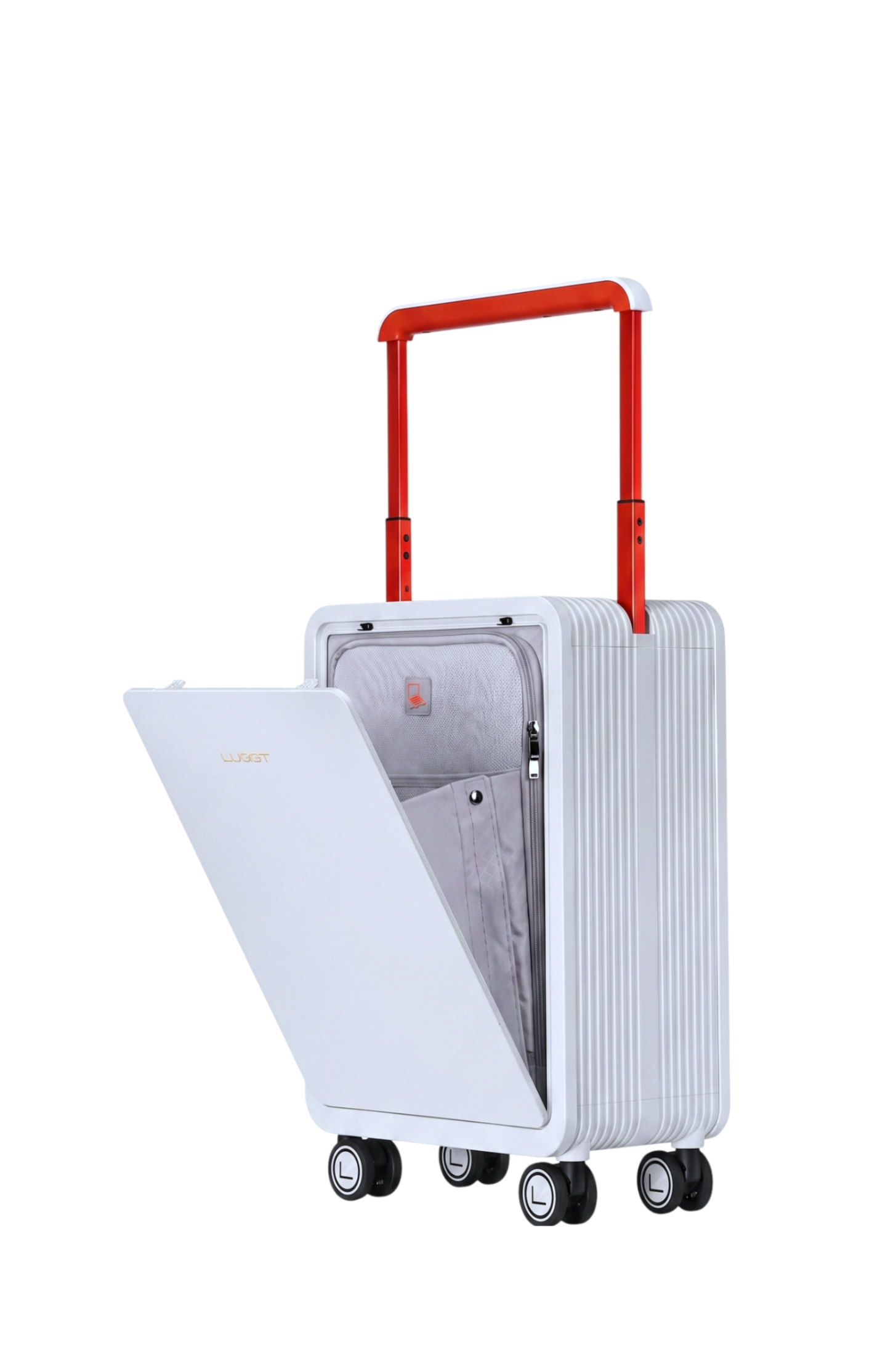 White suitcase with a red handle on a white background
