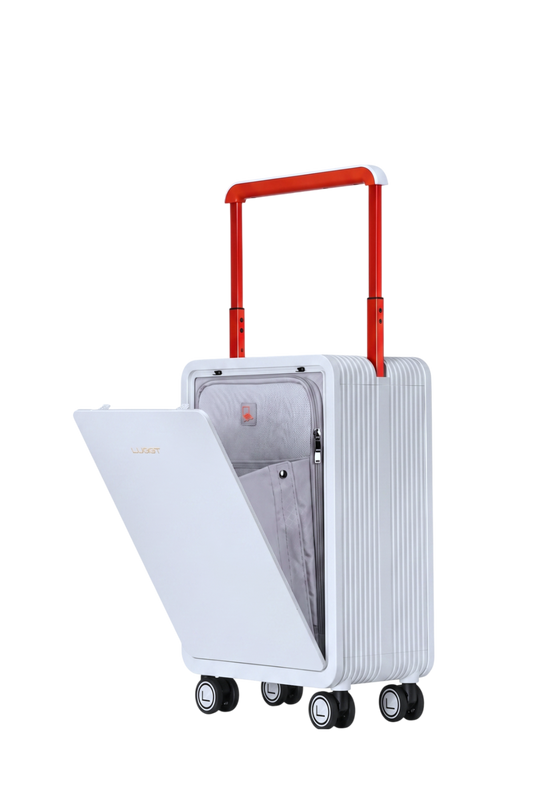 White suitcase with a red handle on a white background