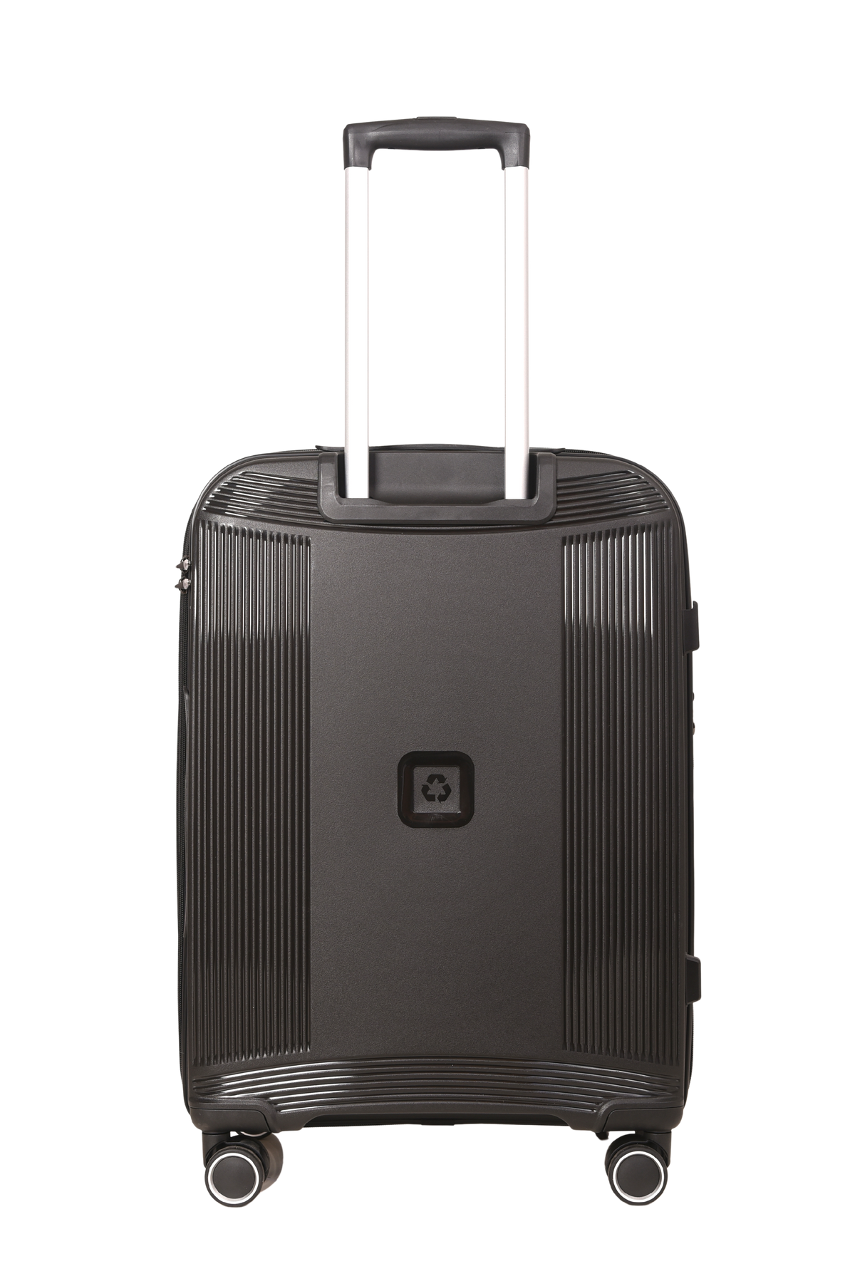 A dark gray hard-shell spinner suitcase with a textured vertical rib design, featuring an extended telescopic handle and four wheels, shown against a plain white background.