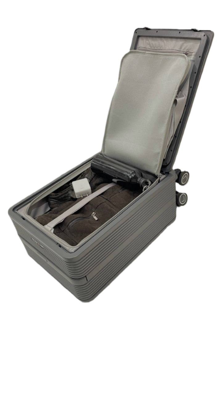 Open gray suitcase with interior details on a white background