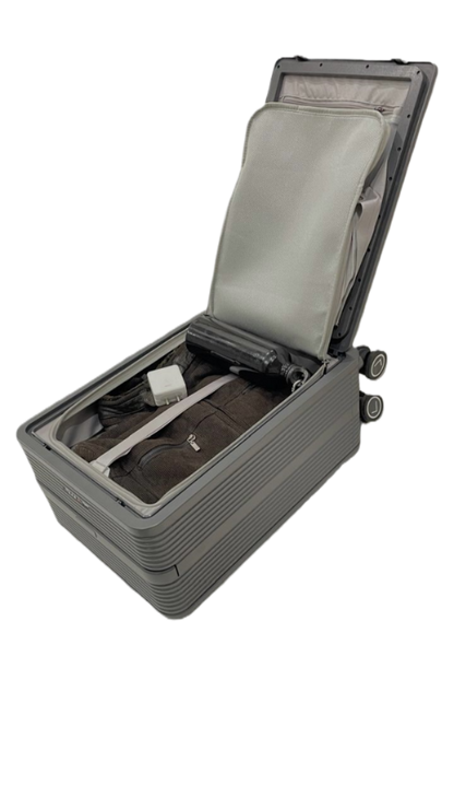 Open gray suitcase with interior details on a white background