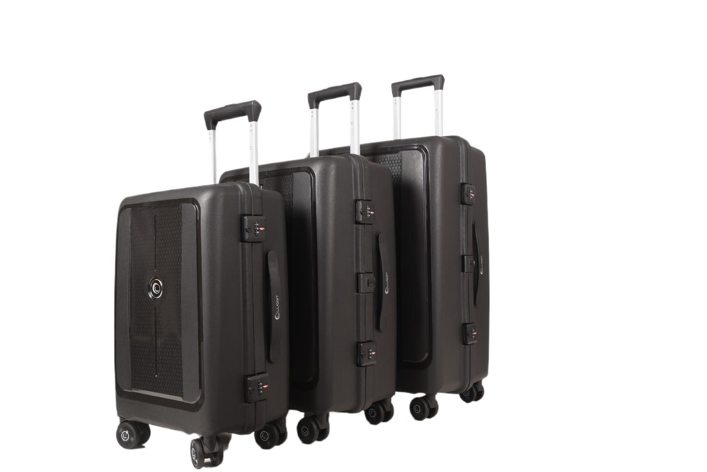Three hard-shell spinner suitcases in a dark charcoal gray color, arranged in a row from smallest to largest on a plain white background.