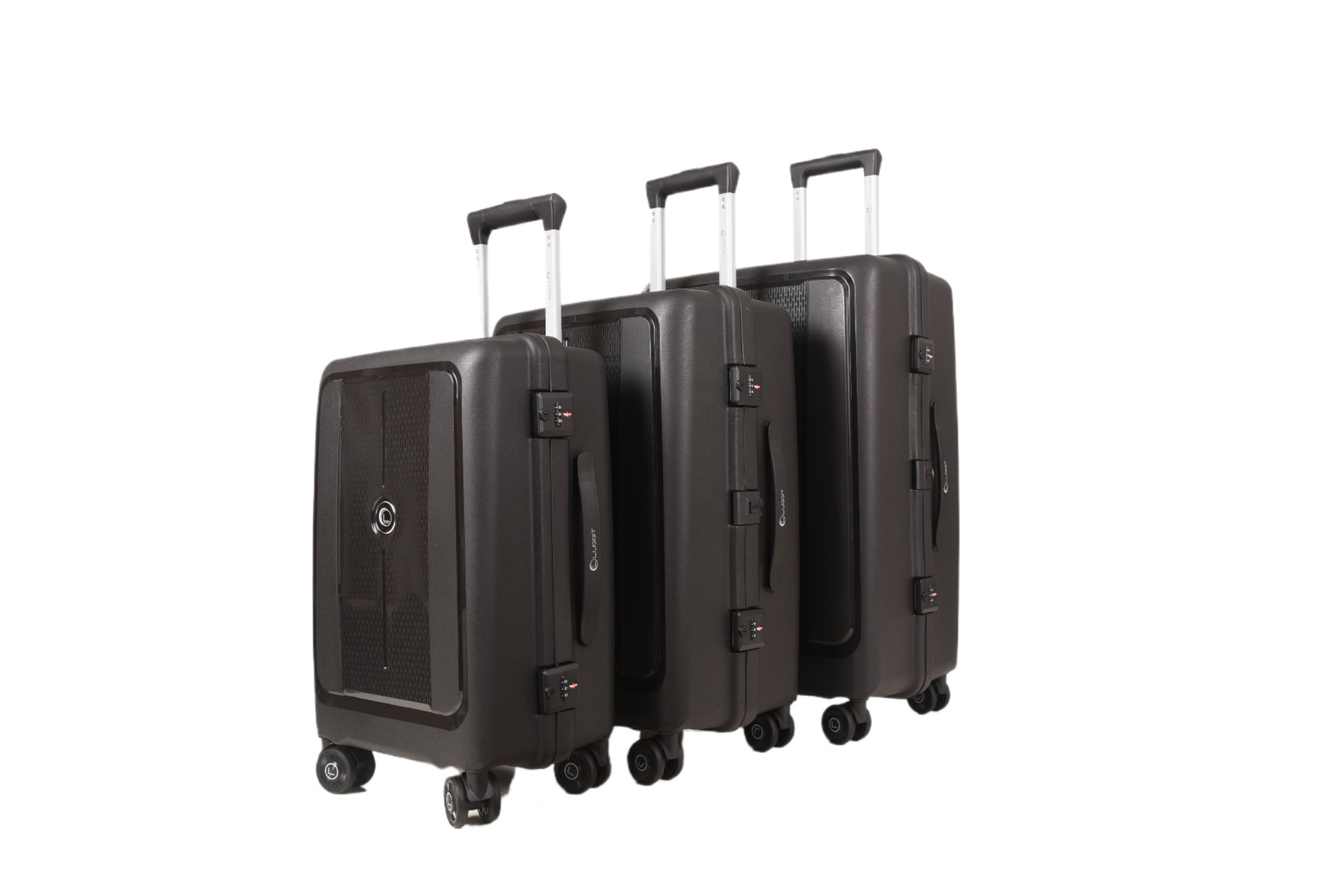 Three hard-shell spinner suitcases in a dark charcoal gray color, arranged in a row from smallest to largest on a plain white background.