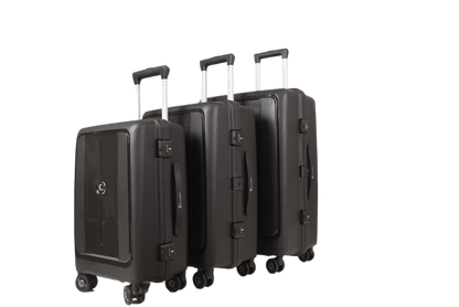 Three hard-shell spinner suitcases in a dark charcoal gray color, arranged in a row from smallest to largest on a plain white background.