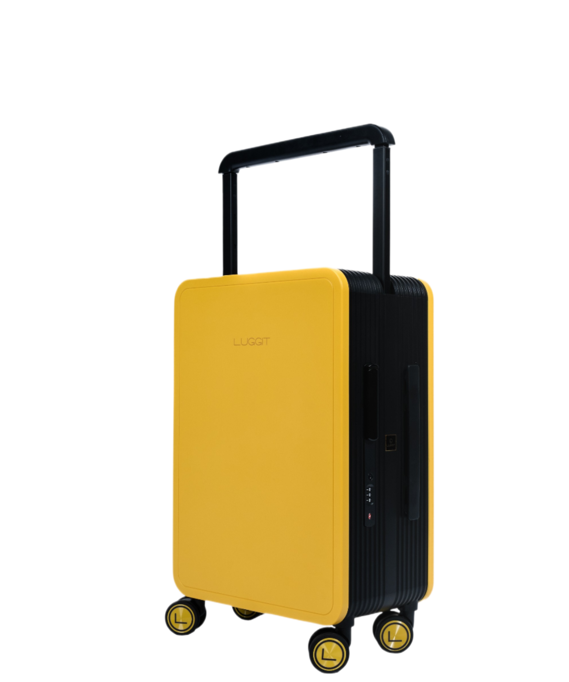 Yellow suitcase with black accents Luggit