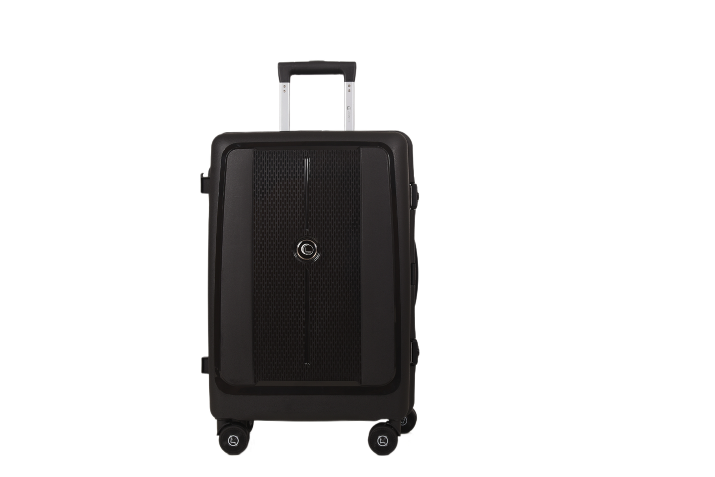 A black hard-shell spinner suitcase with an extended telescoping handle and four wheels, shown from the front against a plain white background.
