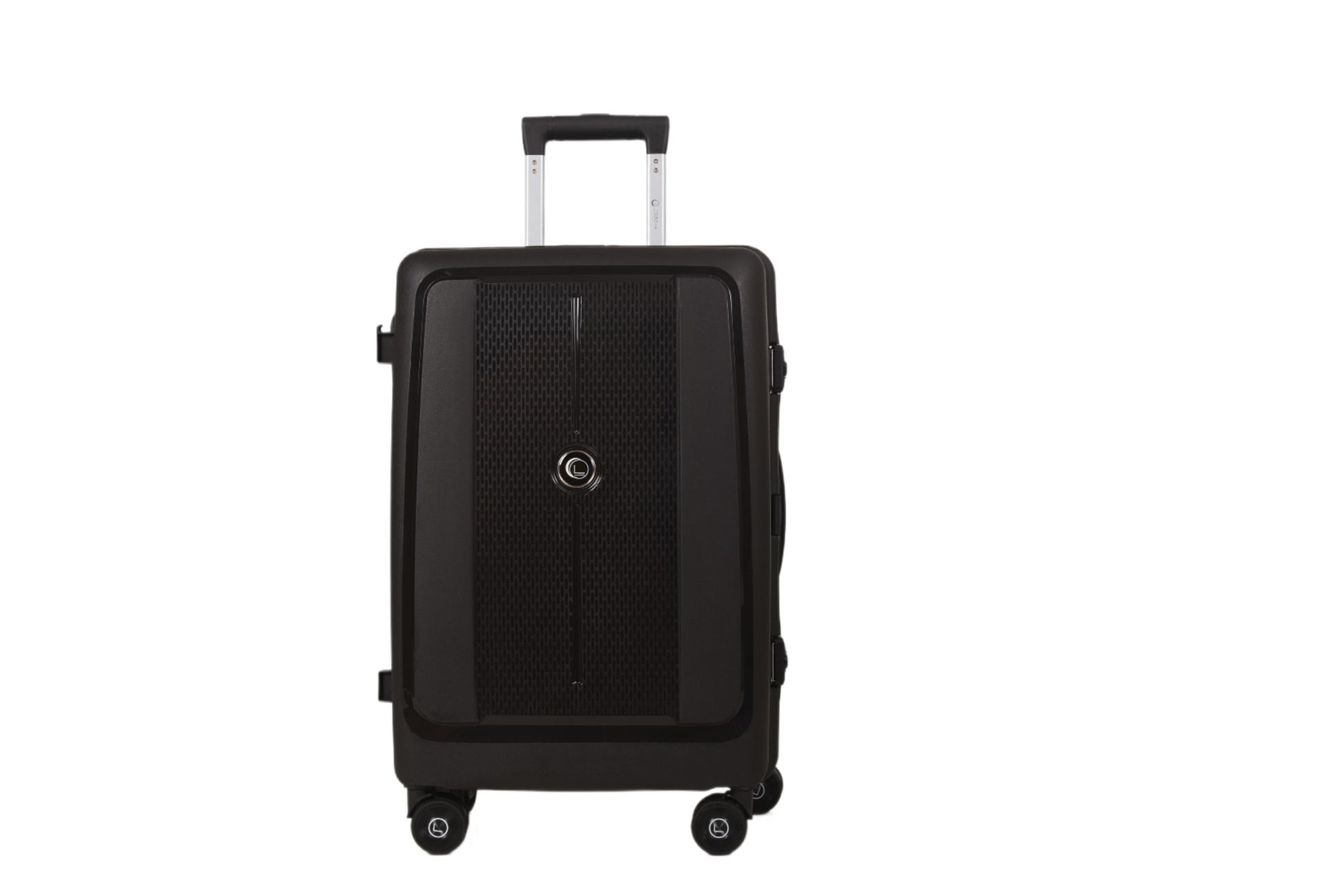 A black hard-shell spinner suitcase with an extended telescoping handle and four wheels, shown from the front against a plain white background.