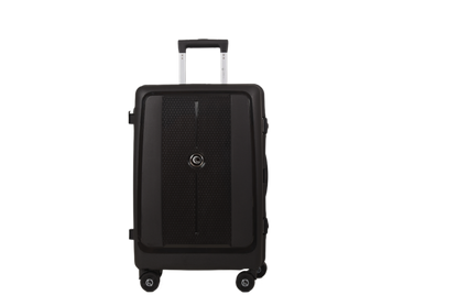A black hard-shell spinner suitcase with an extended telescoping handle and four wheels, shown from the front against a plain white background.