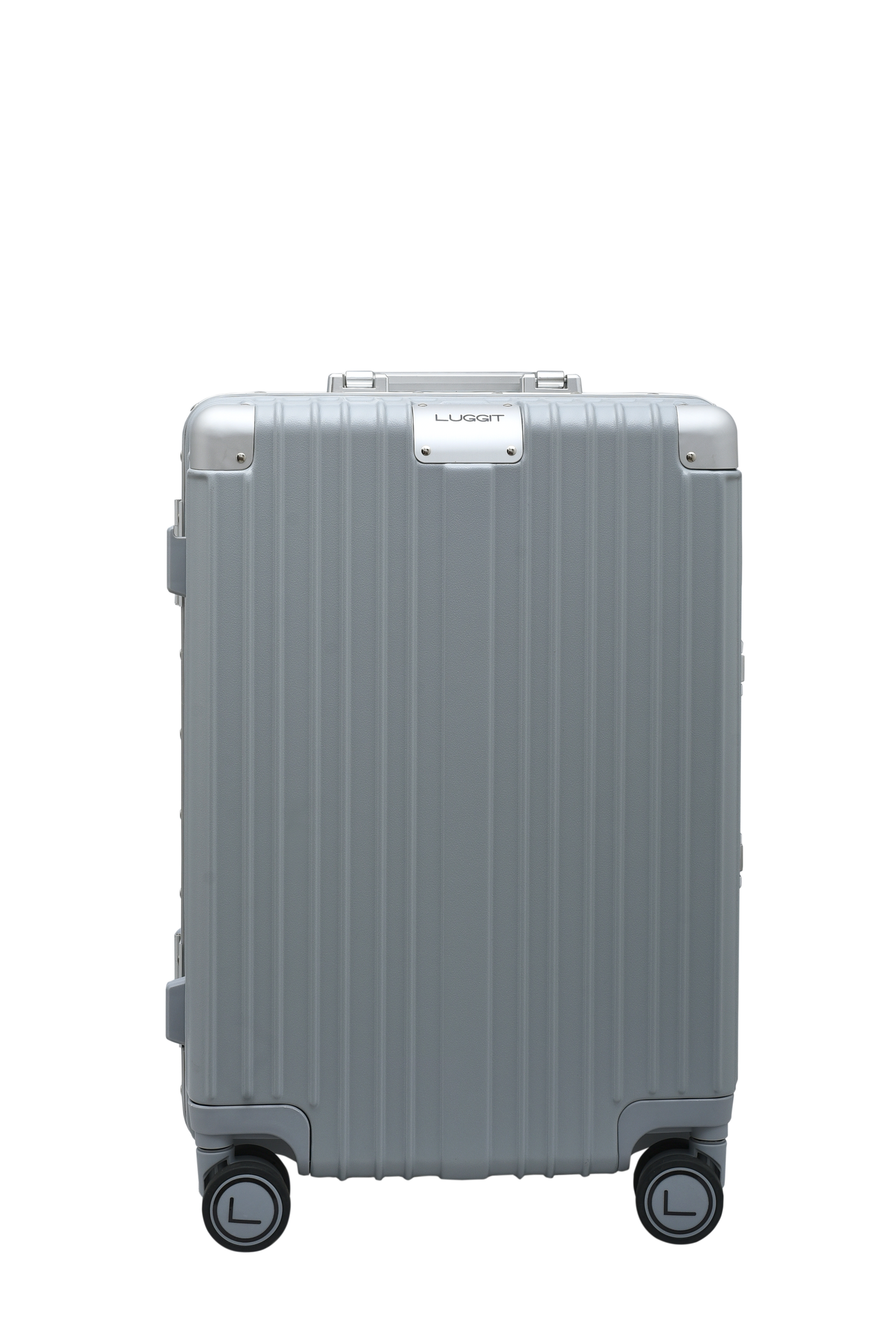 Silver suitcase with wheels on a white background luggit