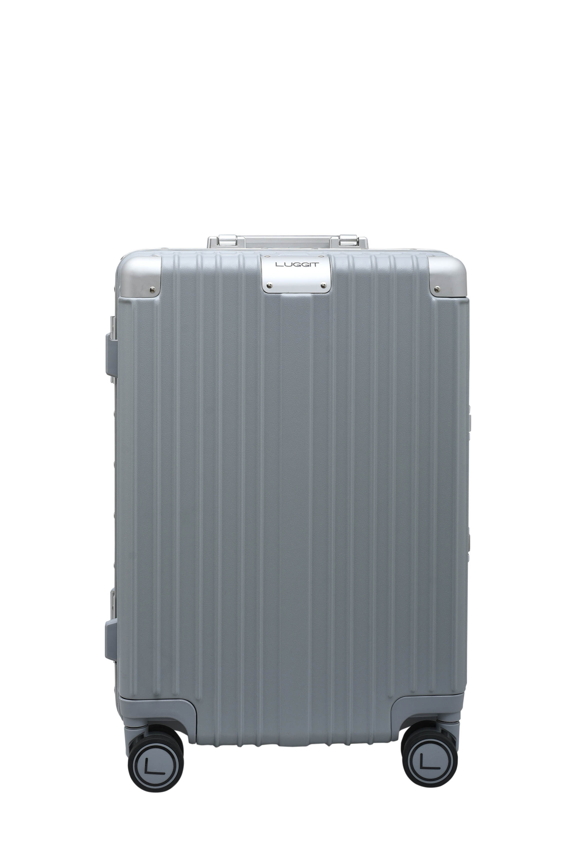 Silver suitcase with wheels on a white background luggit