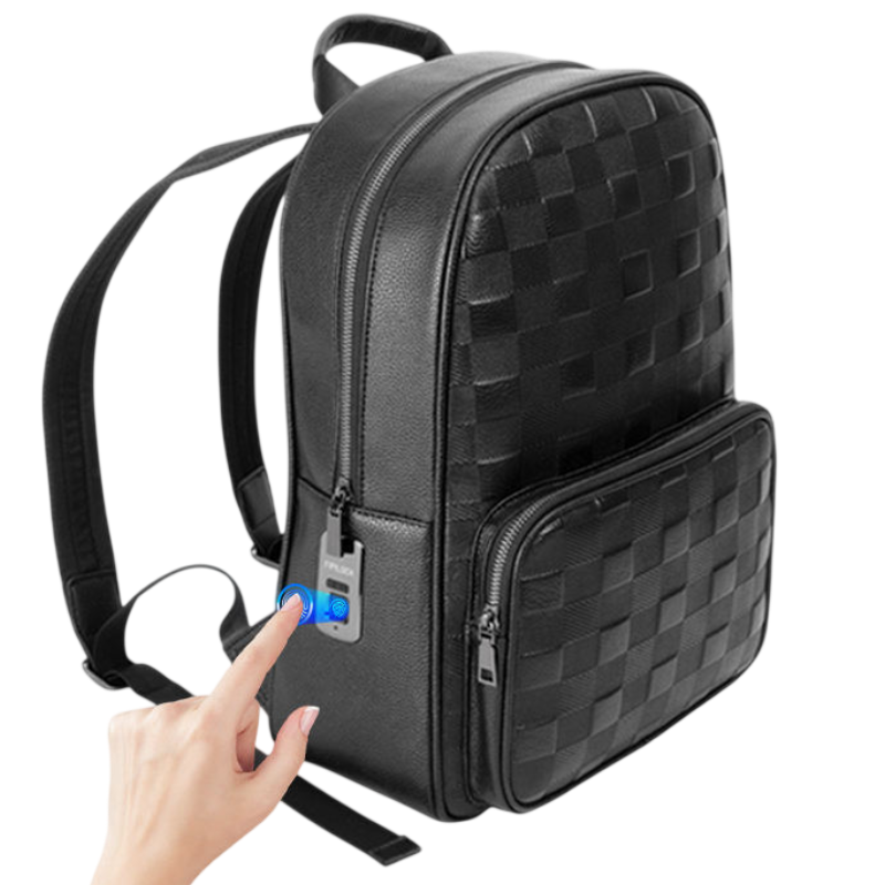 Black checkered backpack with a hand pointing to a blue USB port on a white background