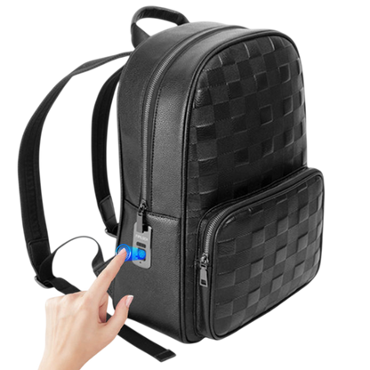 Black checkered backpack with a hand pointing to a blue USB port on a white background