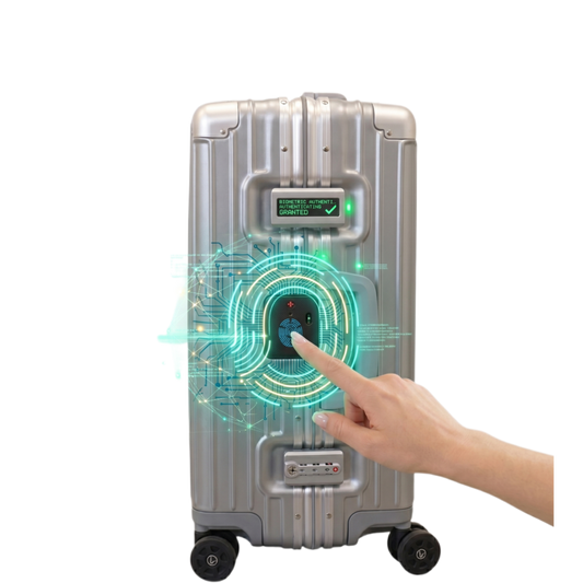 Silver suitcase with digital interface and hand pointing at it on a white background