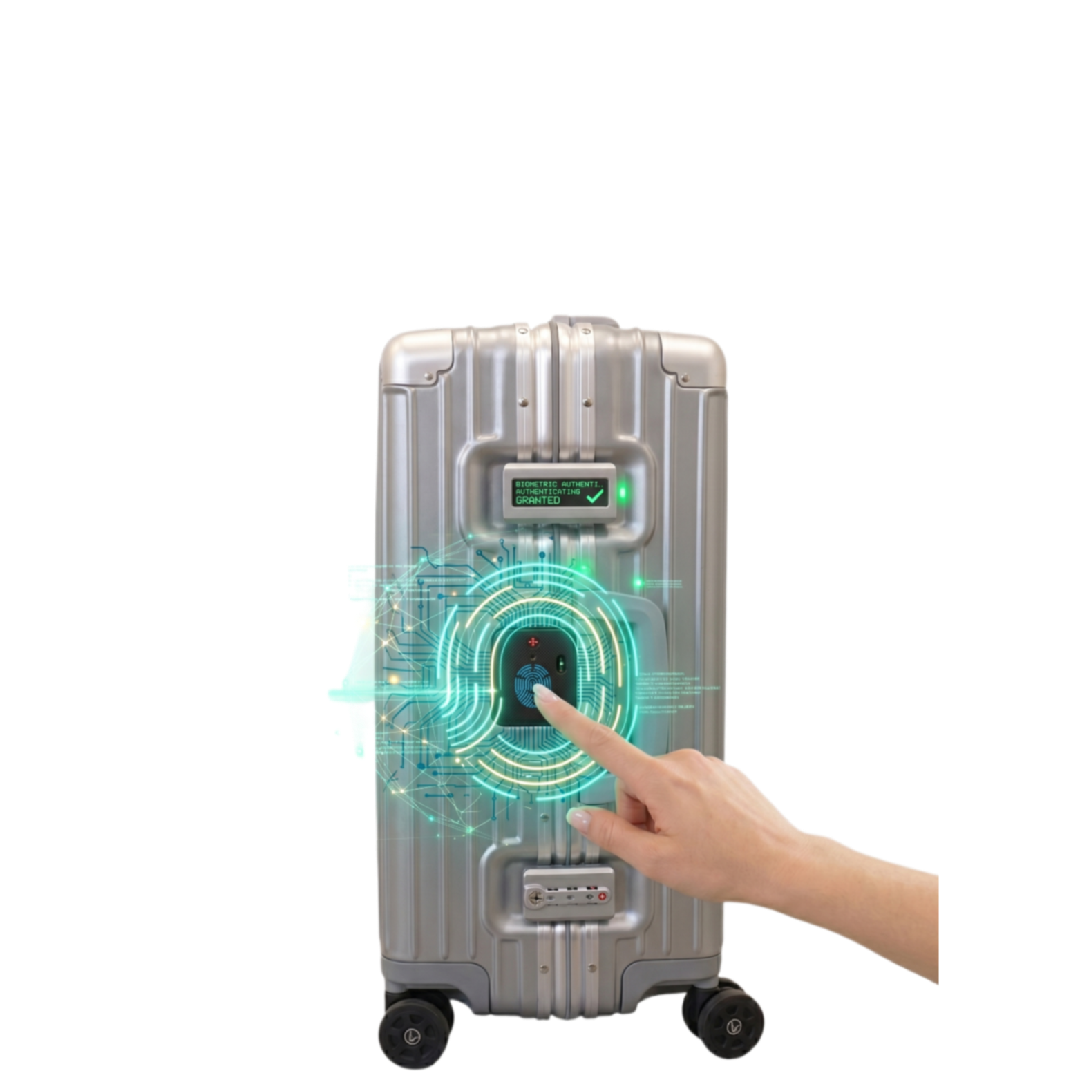 Silver suitcase with digital interface and hand pointing at it on a white background