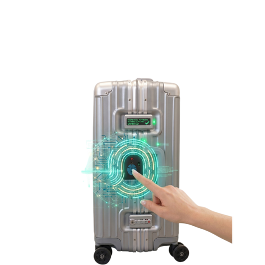Silver suitcase with digital interface and hand pointing at it on a white background