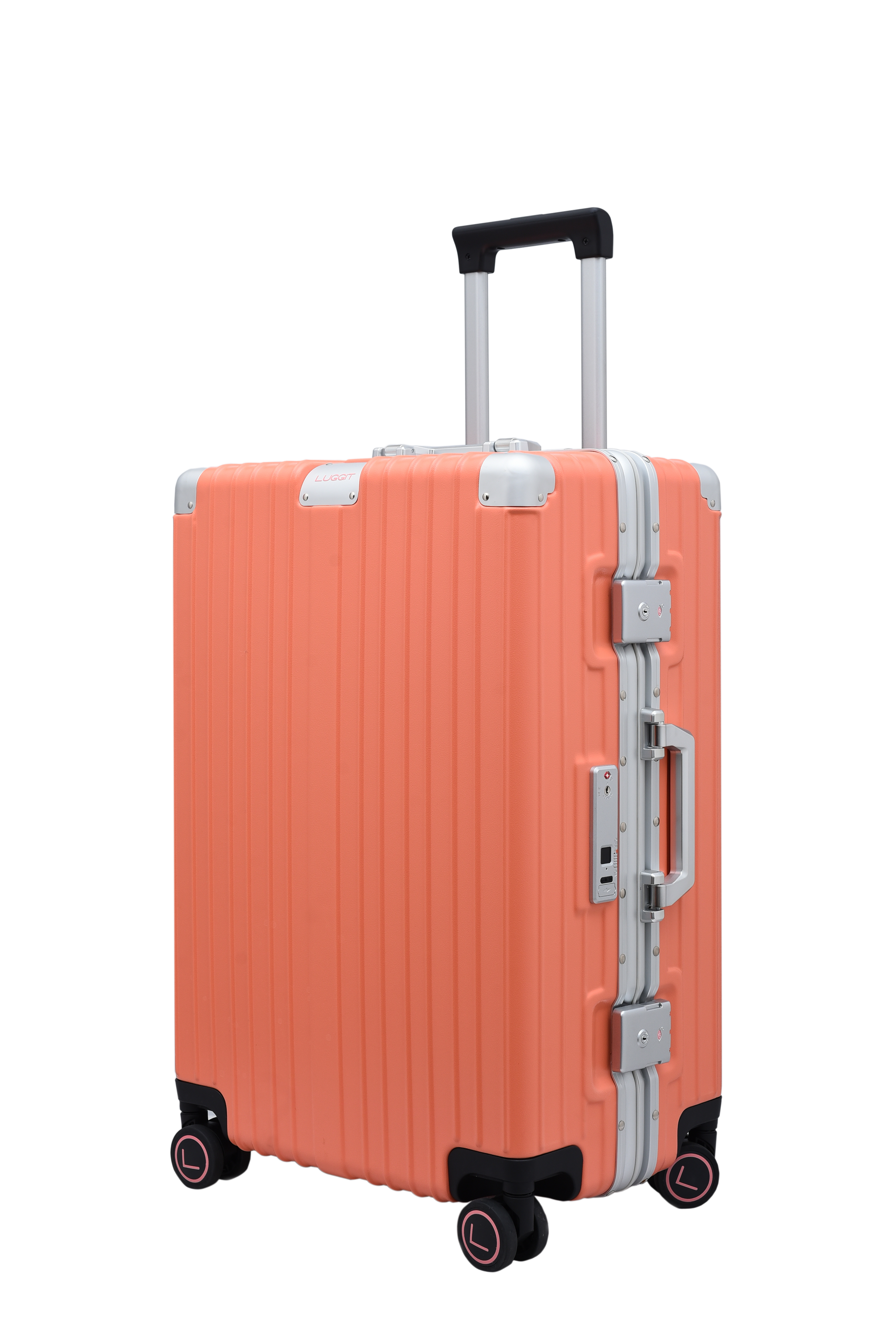Orange suitcase with silver handle and wheels luggit