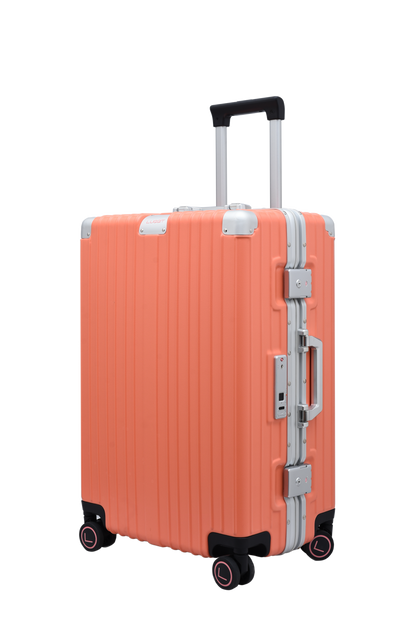 Orange suitcase with silver handle and wheels luggit