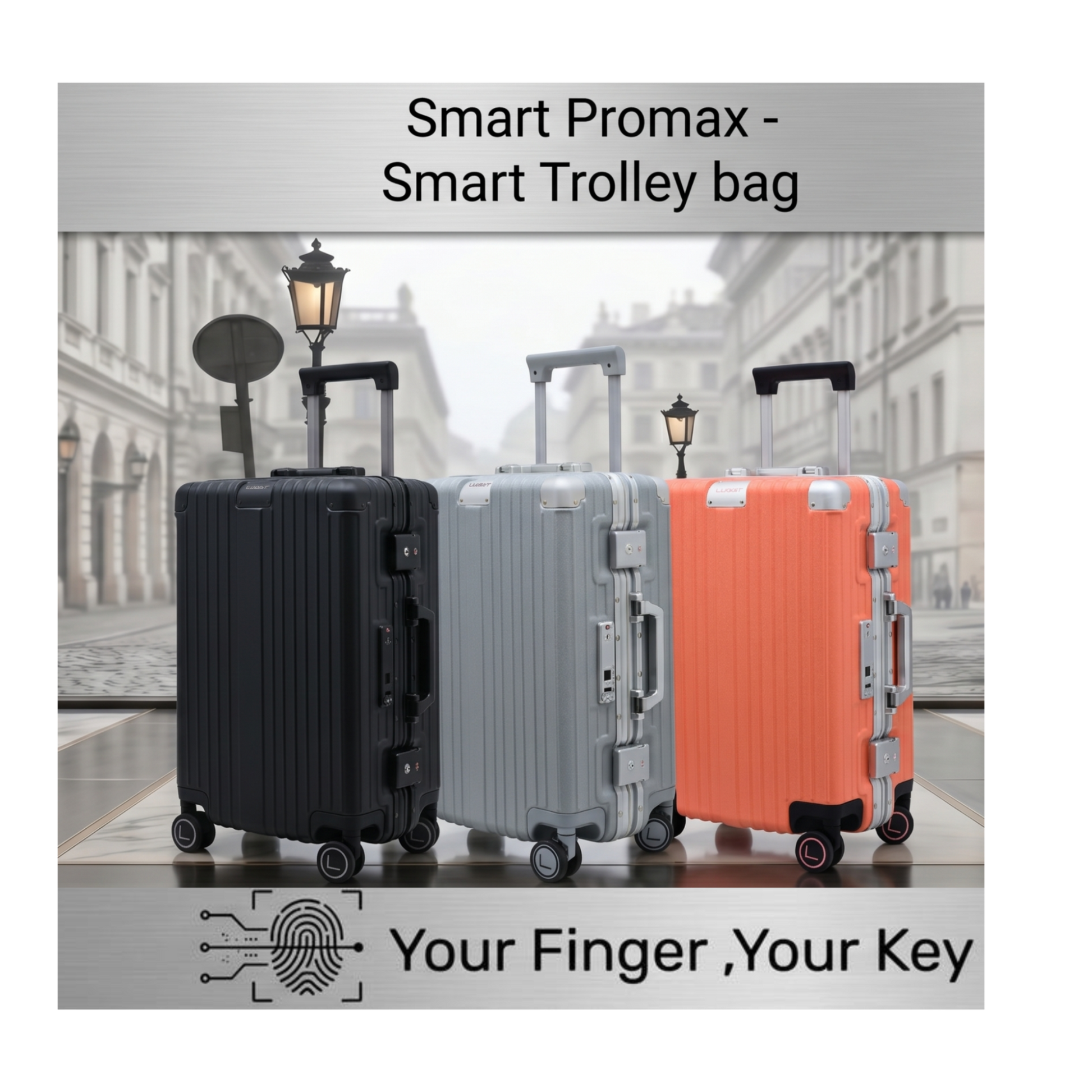 Three smart trolley bags in black, gray, and orange on a city street background.