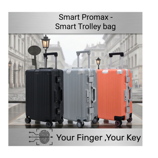 Three smart trolley bags in black, gray, and orange on a city street background.