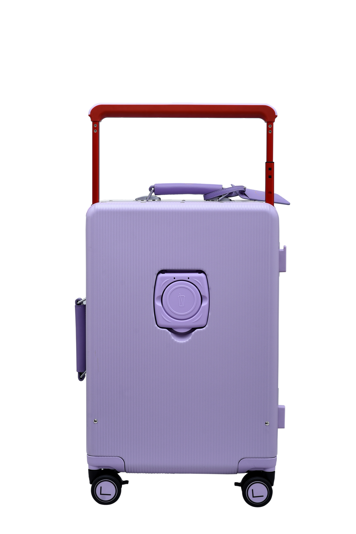 Purple suitcase with a red handle on a white background