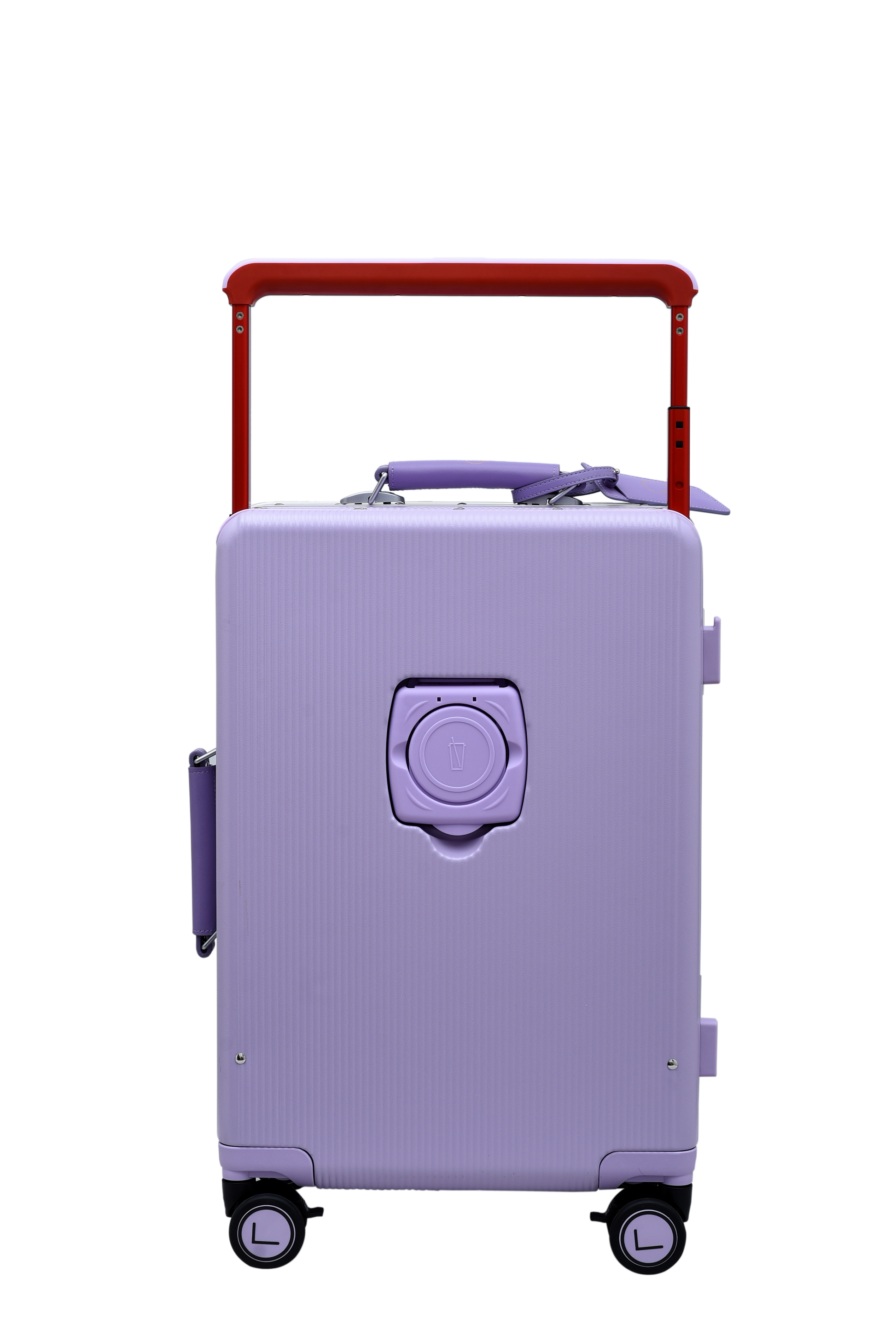 Purple suitcase with a red handle on a white background