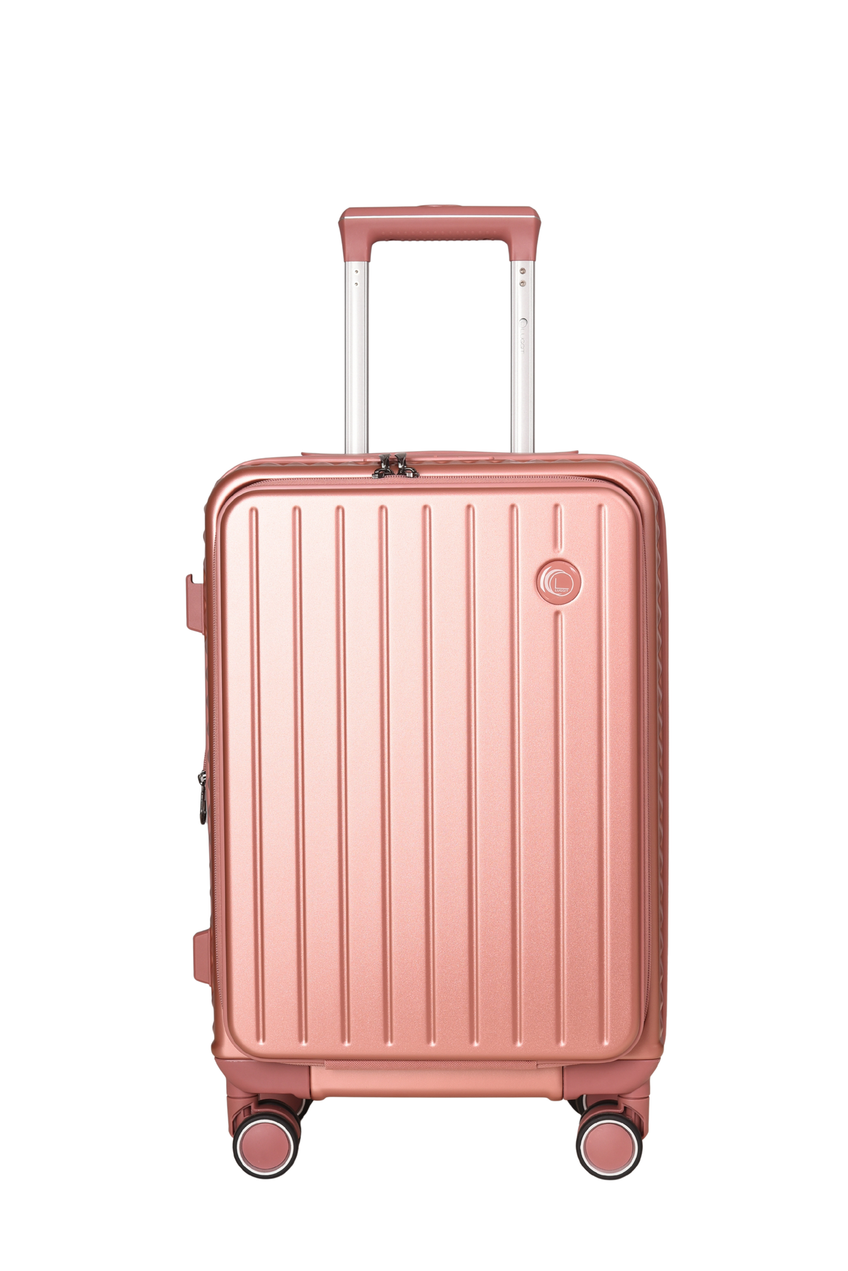 A hard-shell spinner suitcase in a metallic rose gold finish, featuring vertical ribbing, an extended telescopic handle, and four multi-directional wheels, shown against a plain white background.