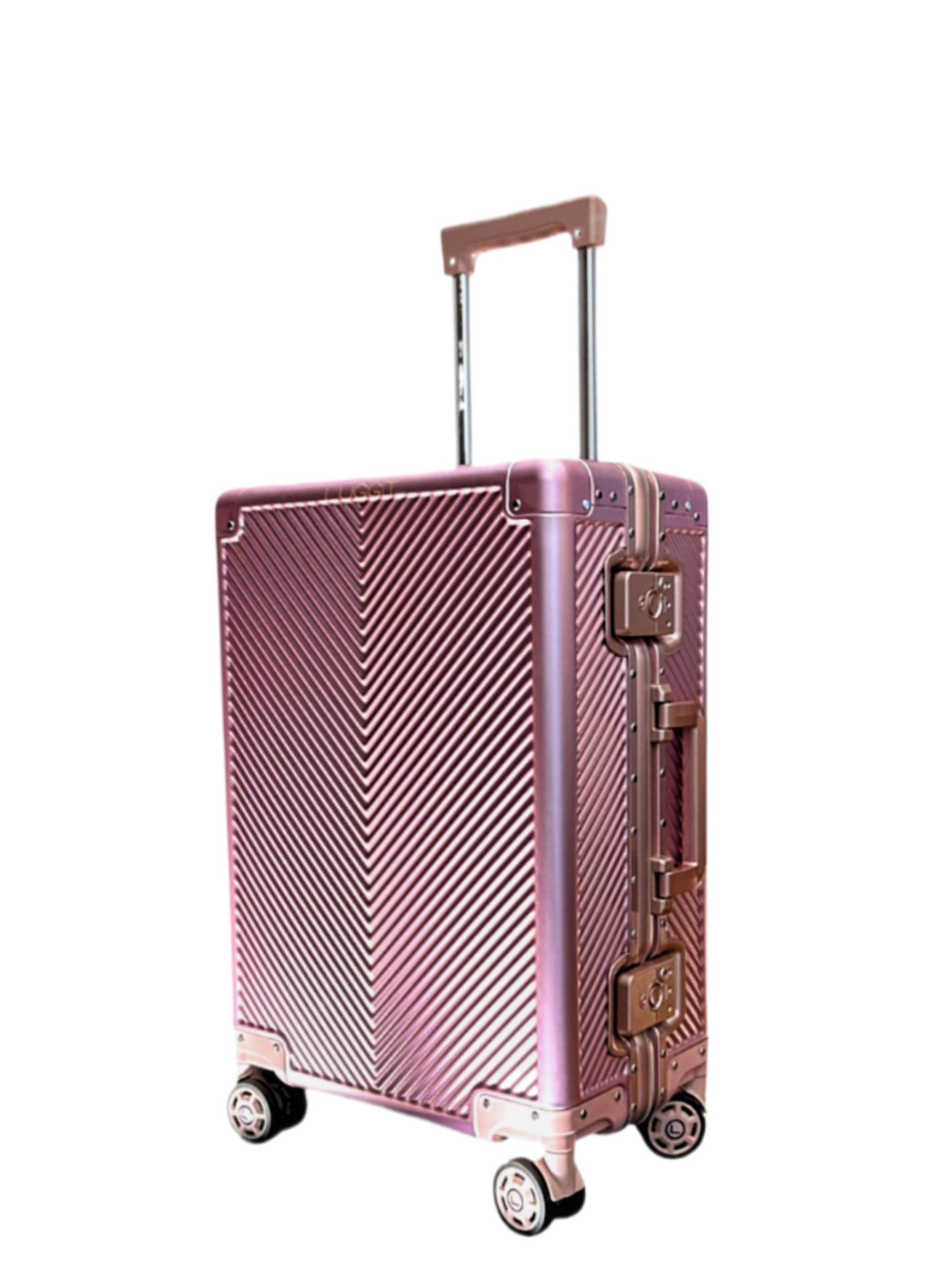 Pink suitcase with a geometric pattern on a white background