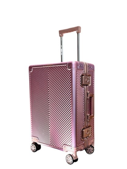 Pink suitcase with a geometric pattern on a white background
