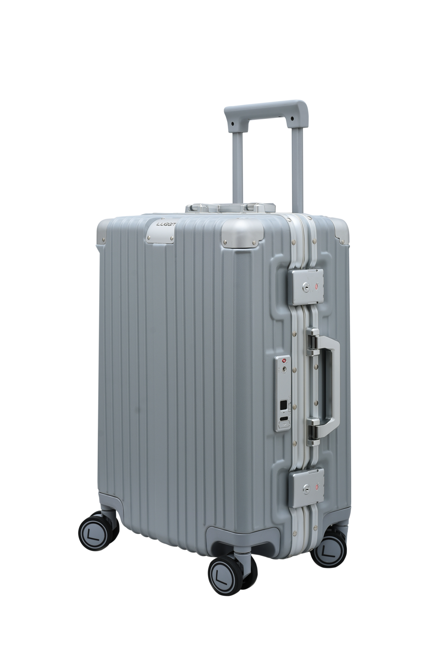 Silver suitcase with multiple handles and wheels on a white background luggit