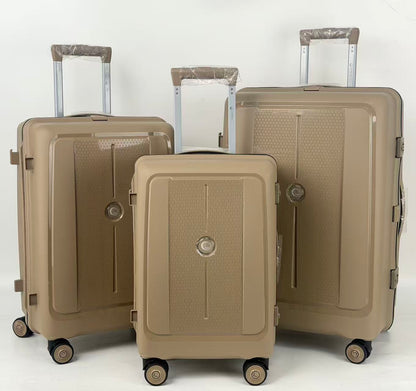 Three beige suitcases of different sizes on a white background