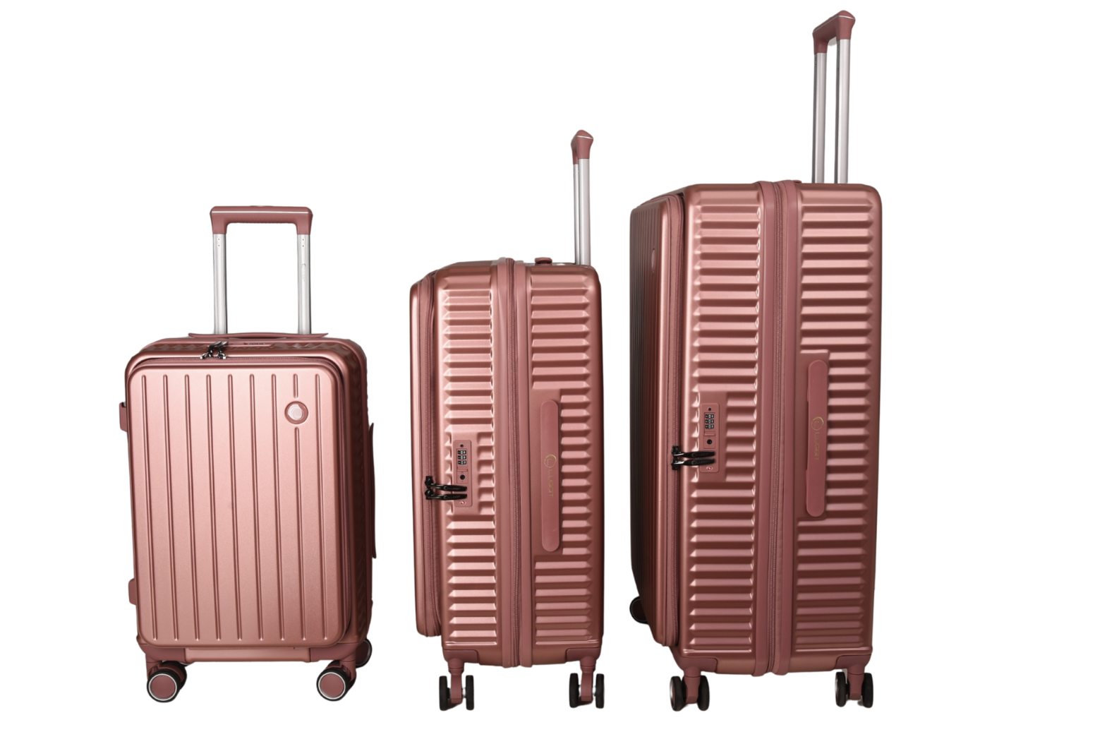 Three hard-shell spinner suitcases in a matching metallic rose gold color, arranged by size from left to right on a plain white background.