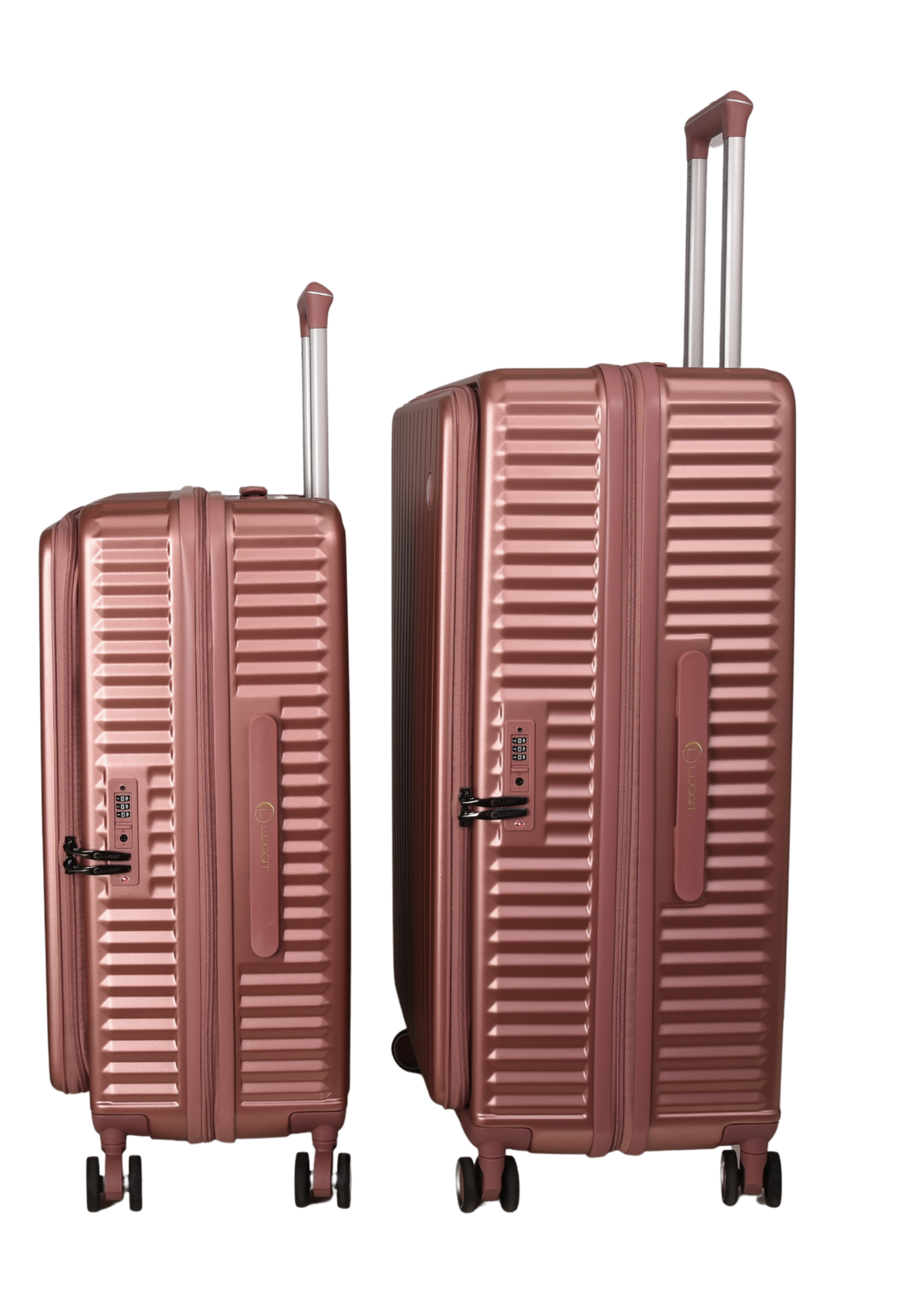 Two hard-shell spinner suitcases in a metallic rose gold finish, shown in two different sizes against a plain white background.