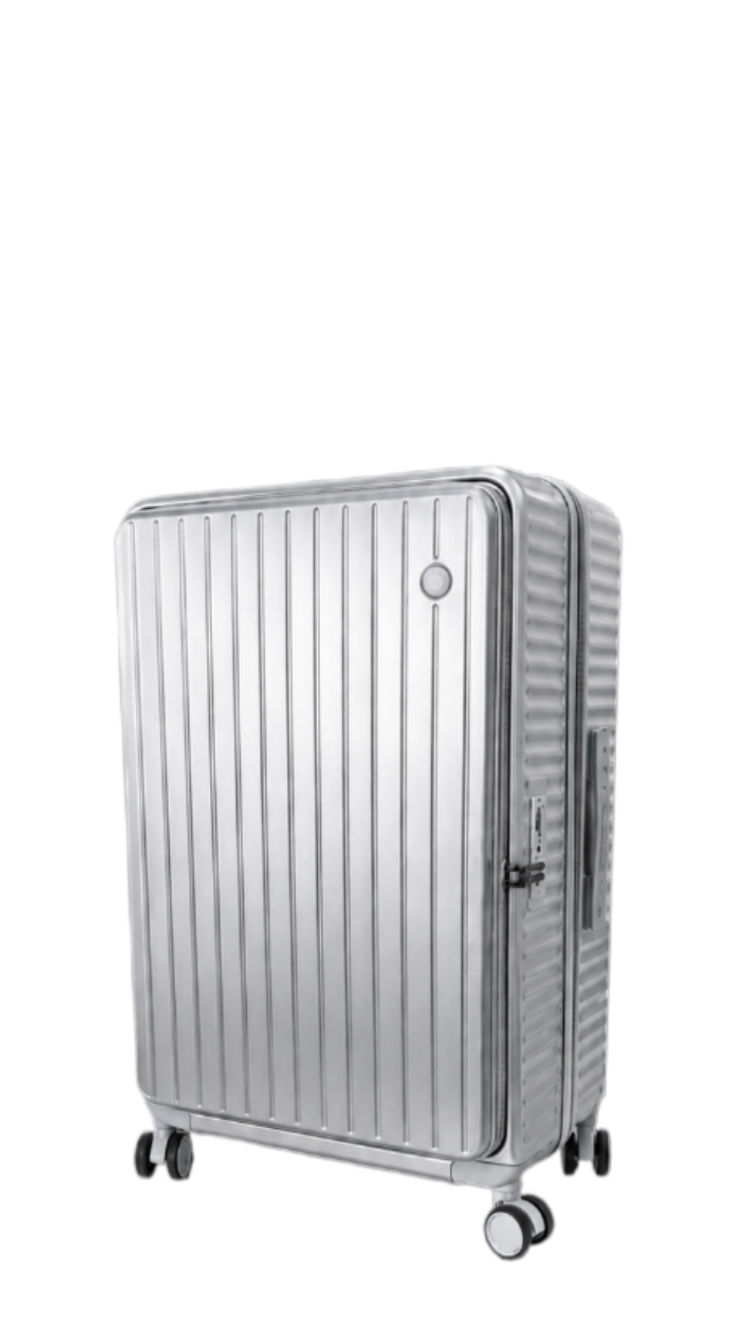 A silver hard-shell spinner suitcase with vertical ridges, shown at a three-quarter angle on a plain white background.