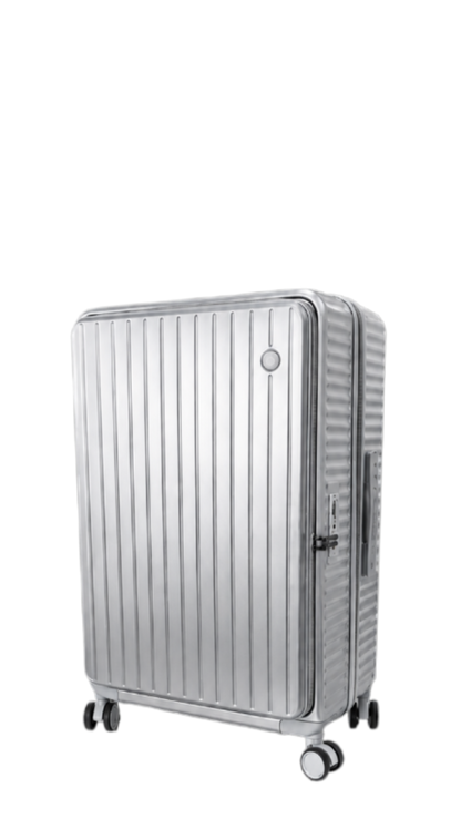 A silver hard-shell spinner suitcase with vertical ridges, shown at a three-quarter angle on a plain white background.
