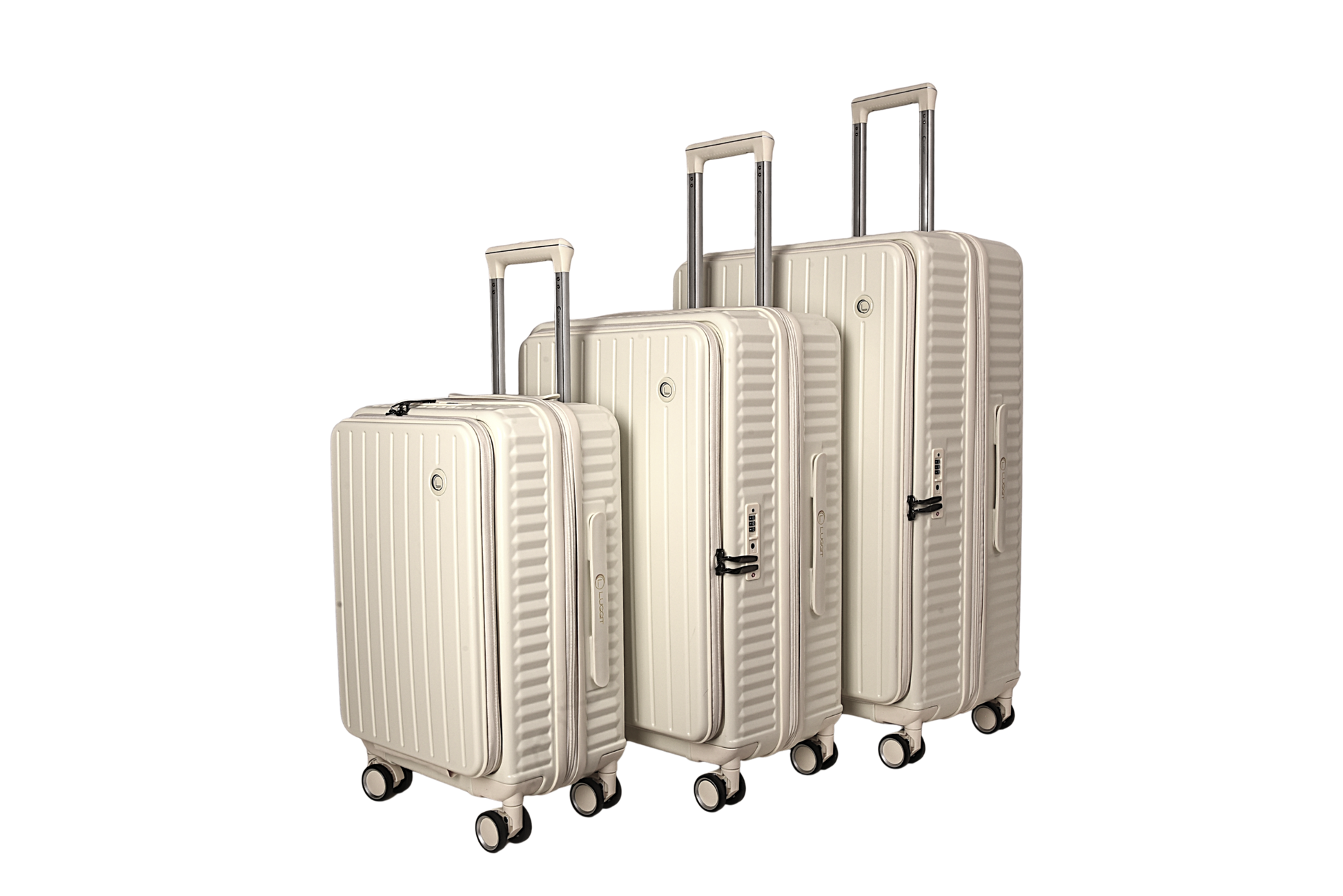 Three hard-shell spinner suitcases in a matching cream or off-white color, arranged by size from smallest to tallest on a plain white background.