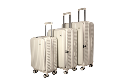 Three hard-shell spinner suitcases in a matching cream or off-white color, arranged by size from smallest to tallest on a plain white background.