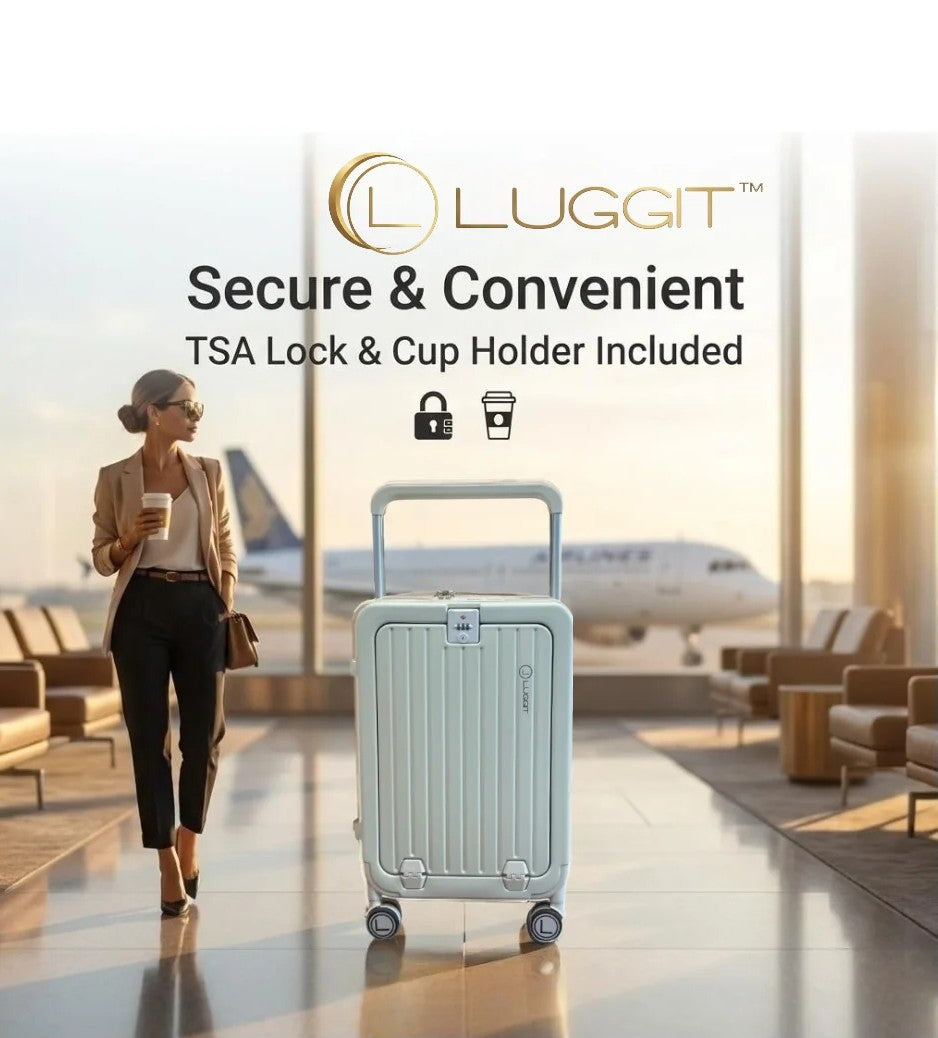 Woman walking with a light gray suitcase in an airport, featuring Luggit branding.
