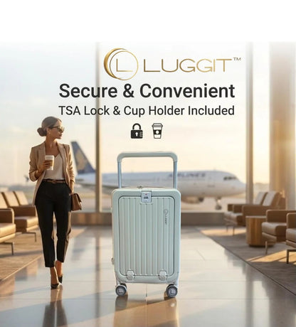 Woman walking with a light gray suitcase in an airport, featuring Luggit branding.