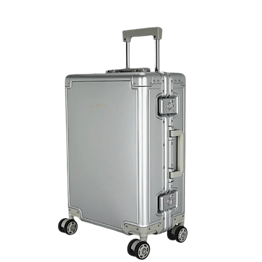 Silver suitcase with wheels on a white background